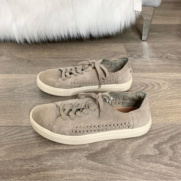 Toms Lenox Sneakers Shoes Lace Up Suede Woven Panel Desert Grey Women Size 6 - Picture 8 of 16